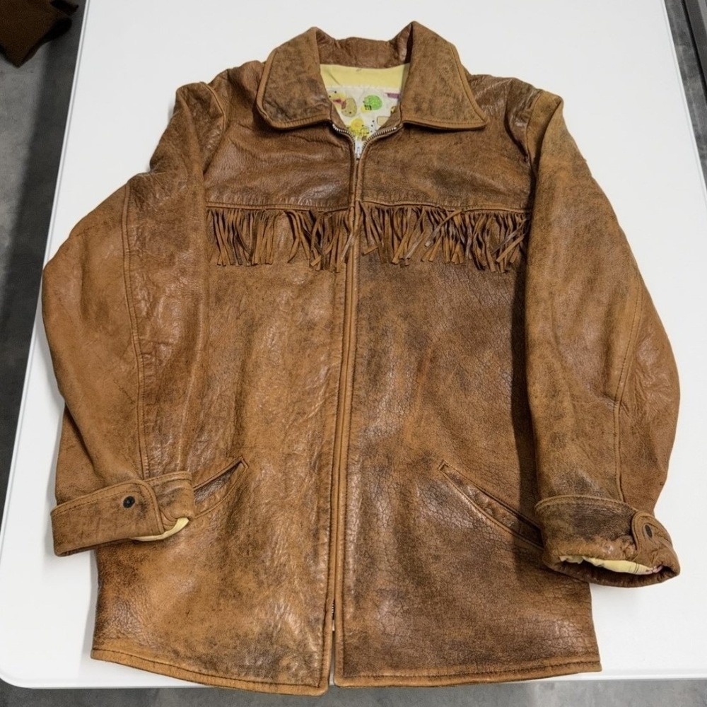 Vintage Leather Fringe Jacket womans Large Brown Good Distressed Western Tassel
